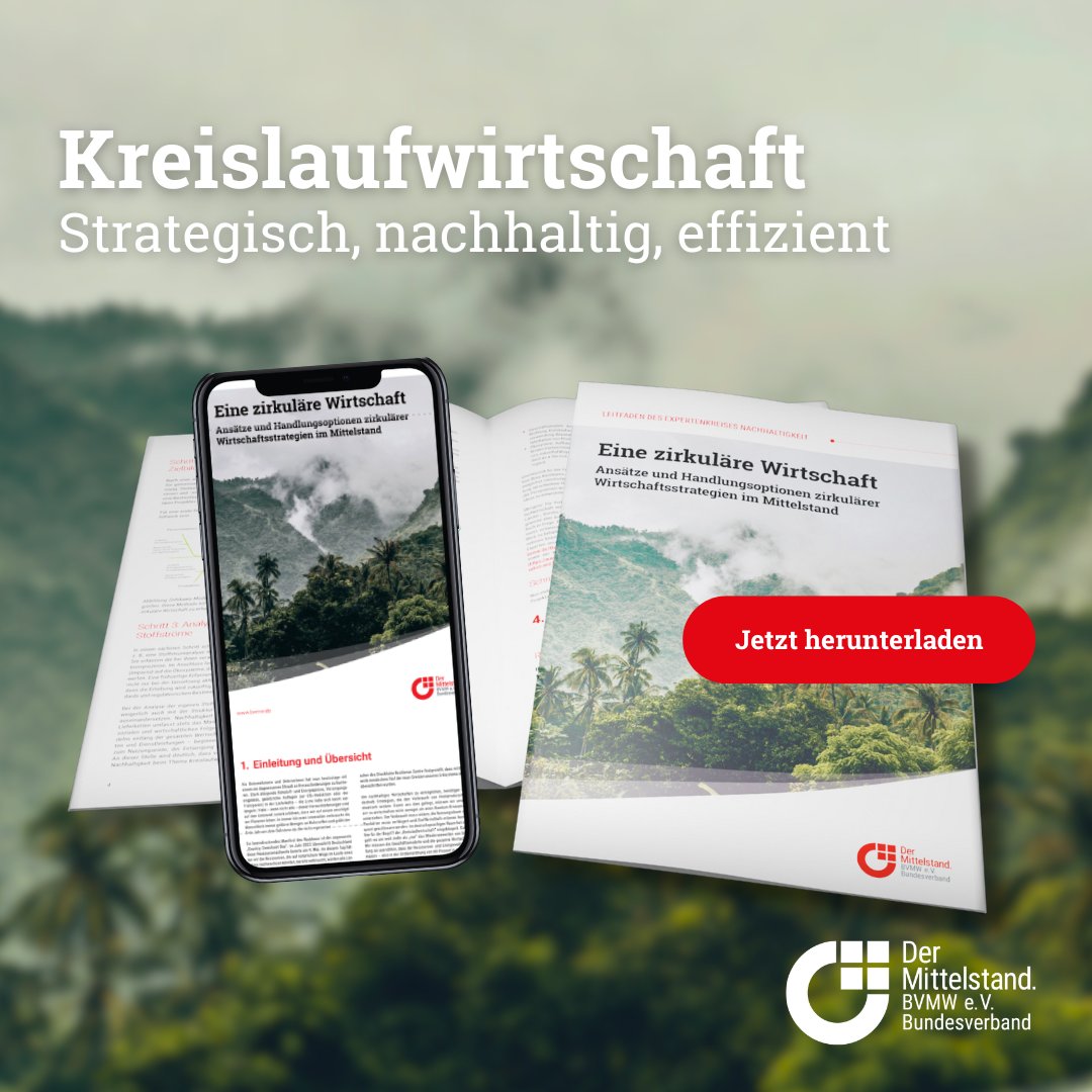 Immer mehr #KMU setzen auf kreislauforientiertes Wirtschaften. 🌿 Unser #BVMW-Leitfaden für Mitglieder zeigt, wie auch Sie erfolgreich in die #Kreislaufwirtschaft einsteigen können. 

Jetzt informieren 👉 bvmw.info/leitfaden-krei…

#KMU #Mittelstand #Umweltschutz #Nachhaltigkeit