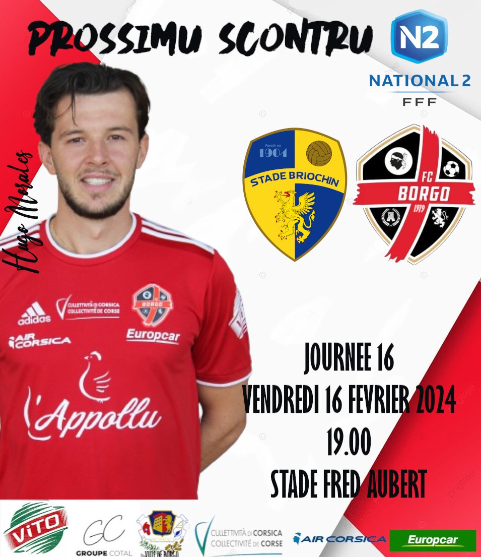 Championnat National 2️⃣ ⚔️ @StadeBriochin - FC Borgo ⚽️ journée 16 📅 Vendredi 16 février ⌚️ 19h00 🏟 Stade Fred Aubert 5 derniers matchs (de la 11ème à la 15ème journée ) FC Borgo : ❌️❌️✅️❌️✅️ Stade Briochin : ❌️🤝✅️✅️❌️