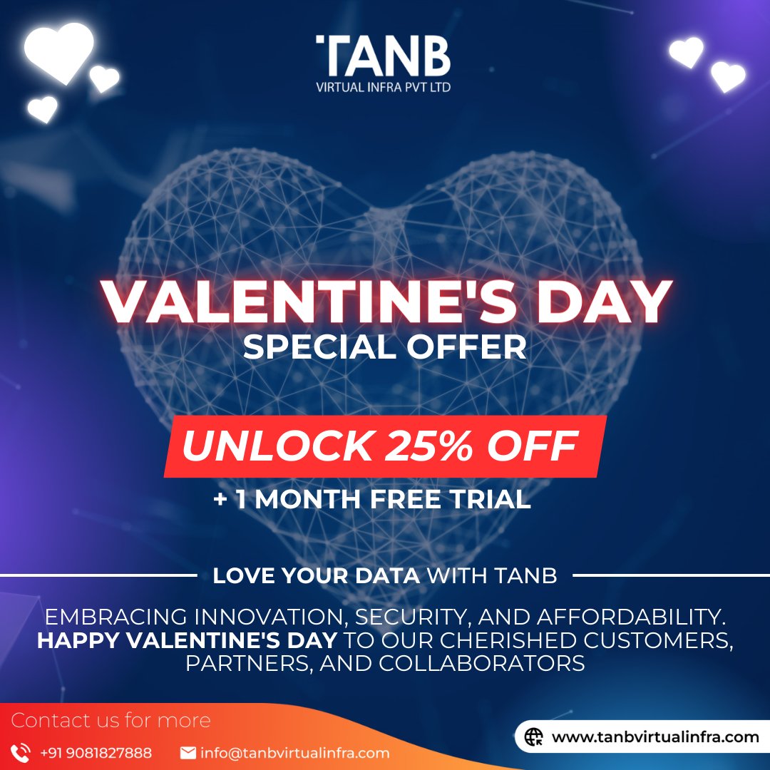 Happy Valentine's Day to our cherished customers, partners, and collaborators! ❤️ Unlock 25% off + a 1-month free trial to experience the perfect blend of innovation, security, and affordability with TANB. 📷#ValentinesDaySpecial #LoveYourData