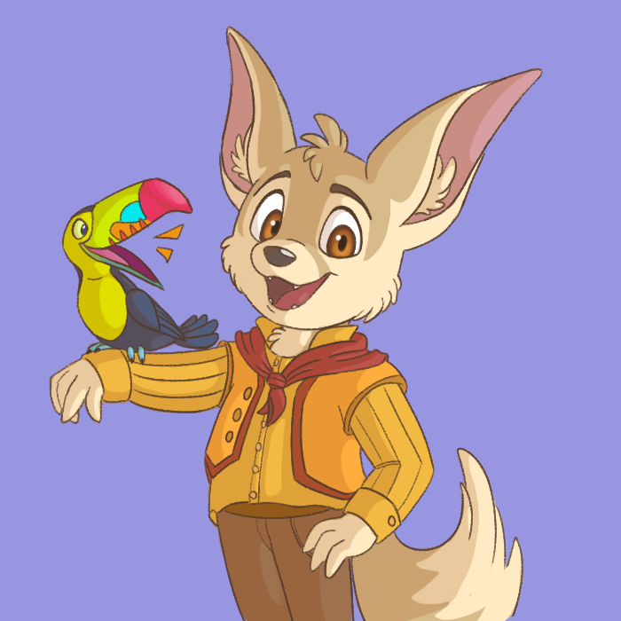 AdrisTheDragon's tweet photo. Here's Antonio, with his new pair of giant ears and a fluffy tail. The toucan seems quite happy with the change! #Disney #encantofanart #Fennec #furryart https://t.co/lXq6LaolBI