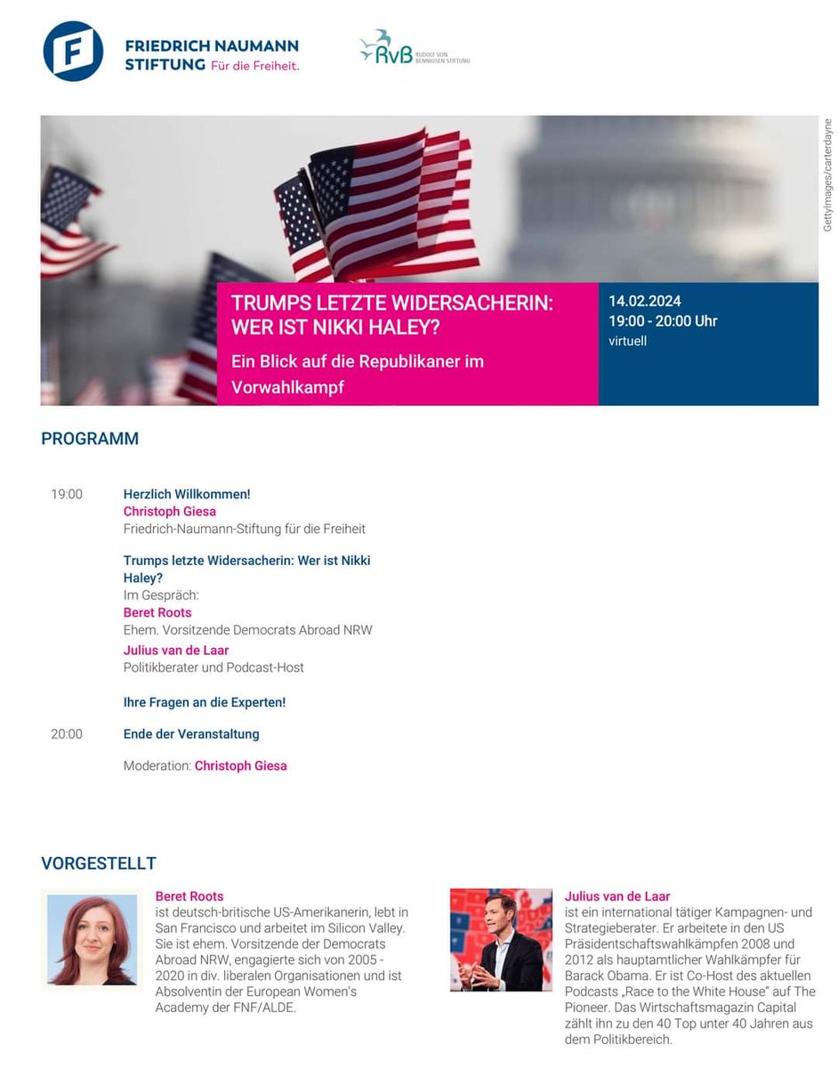 Heute 19:00 deutsche Zeit darf ich im Webtalk der FNF zum Thema
"Trumps Letzte Widersacherin: Wer ist Nikki Haley?" sprechen :)
Link zur Anmeldung:
lnkd.in/g4FczPpJ

Freue mich drauf!