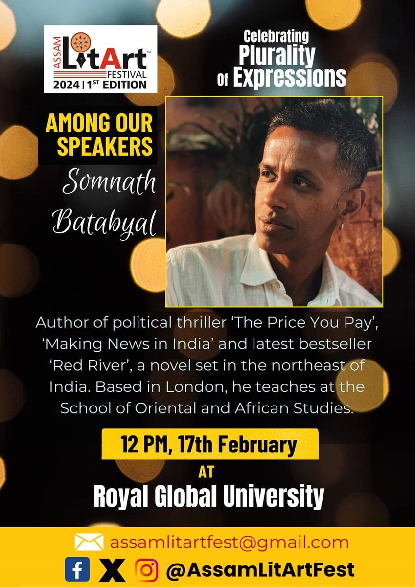 We are on cloud nine to be hosting Somnath Batabyal , author of the latest bestseller Red River as one of our Star #speakers. ✨

@sombatabyal is the author of 'The Price You Pay' and 'Making News in India'.

#assamlitartfest2024 #assamlitartfest #Guwahati #Assam #writers