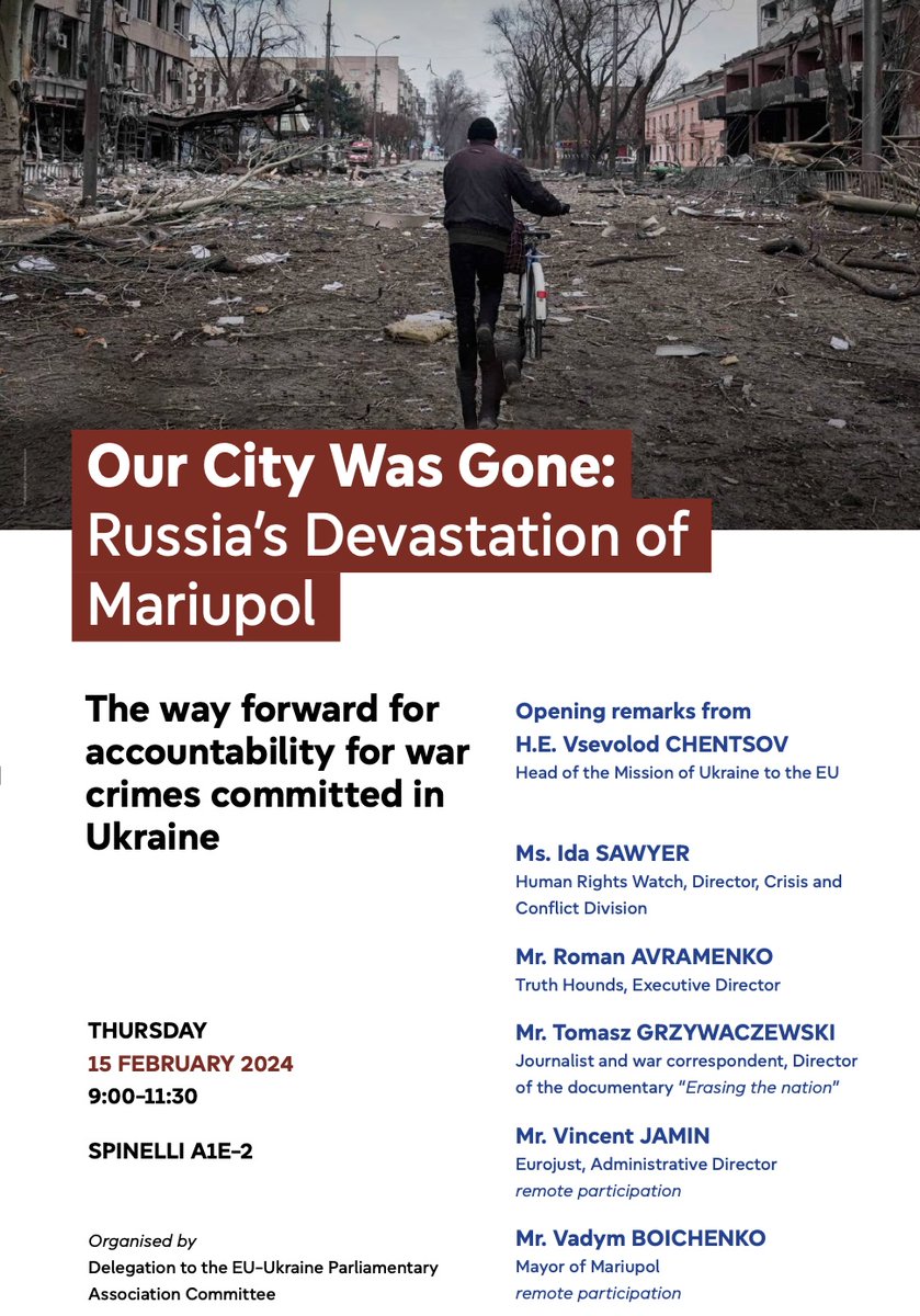 Join us in #Brussels tomorrow at 9am CET for a film screening & discussion about #Russia's devastation of #Mariupol & how to ensure justice for war crimes in #Ukraine. ➡️In person at the European Parliament, Room SPINELLI 1E2 ➡️Watch the livestream here: multimedia.europarl.europa.eu/en/webstreamin…