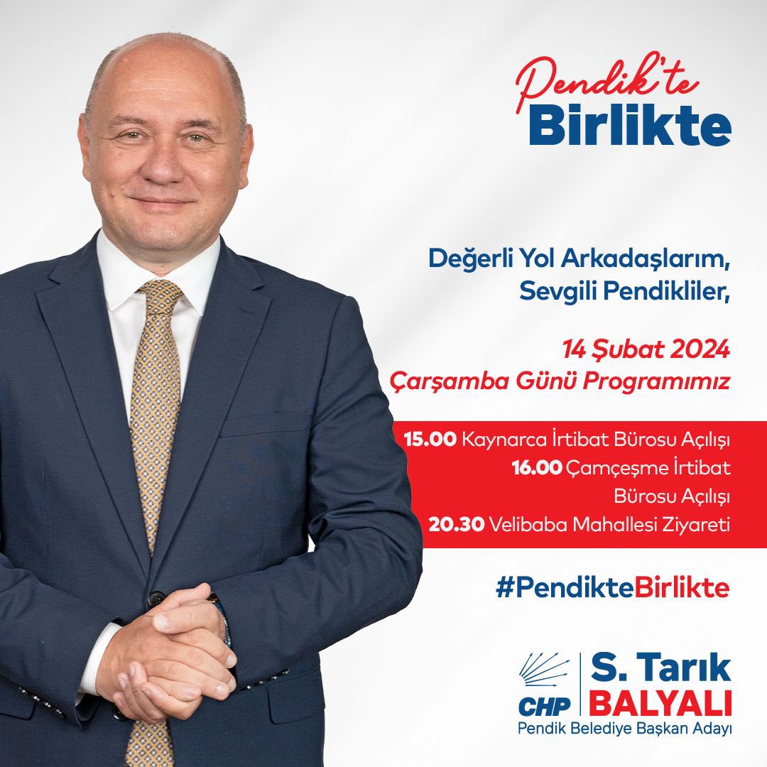 Değerli Yol Arkadaşım, 

14 Şubat Çarşamba günü (bugün) Pendik programımız;
Kaynarca İrtibat Bürosu Açılışı - Saat 15.00
Çamçeşme İrtibat Bürosu Açılışı - Saat 16.00
Velibaba Mahallesi Ziyareti - Saat 20.30

S. Tarık Balyalı
Pendik Belediye Başkan Adayı