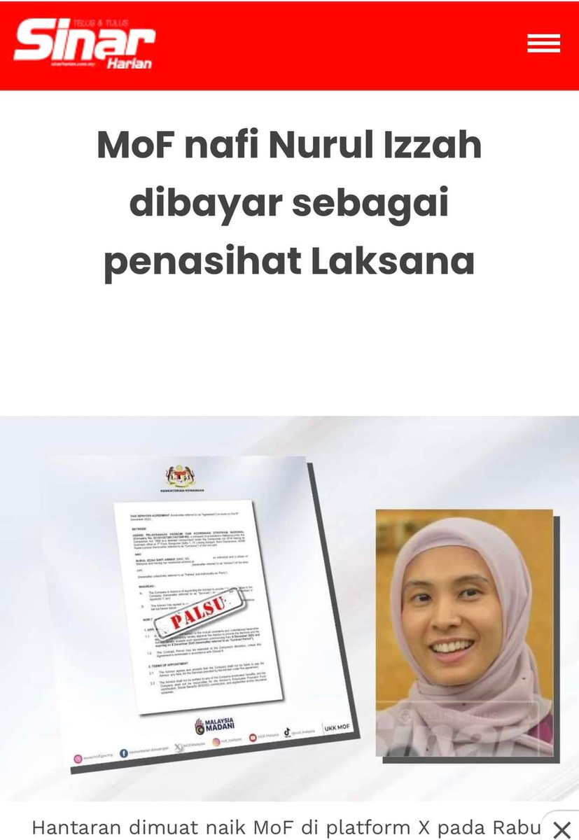 liyana_marzuki's tweet photo. Dalam 2-3 hari ni saya telah diserang di pelbagai platform. Saya telah dituduh dan difitnah dengan bermacam tohmahan. Now it is time to set the record straight.

1. Saya telah dituduh menjadi proksi gaji untuk Nurul Izzah Anwar, kononnya saya dibayar gaji yang sangat besar oleh agensi kerajaan Laksana untuk diberi kepada Nurul Izzah. Ini adalah tohmahan besar dan palsu. Saya tidak pernah menjadi proksi gaji kepada sesiapa pun.

2. Saya memang upfront tentang saya menjadi seorang konsultan kepada agensi2 kerajaan yang panggil saya untuk memberi input mengenai polisi dan perundangan. Saya mula menjadi konsultan sejak tahun 2020 lagi. This is how I make my living. Menjadi seorang penulis adalah minat saya tetapi seperti semua orang, saya juga perlu bekerja untuk mencari rezeki.

3. Laporan polis telah dibuat. Pertamanya atas unsur fitnah yang menuduh saya menjadi proksi gaji Nurul Izzah dan keduanya sebab melanggar Akta PDPA dengan menerbitkan data peribadi tanpa kebenaran.

4. Pada saya, posting mereka adalah bersifat mala fide. Mereka bertindak sembrono tanpa memikirkan akibat kepada orang lain demi mencapai objektif politik mereka. Kita boleh berdebat tentang hal politik dan sebagainya dengan matang. 

5. Adakah kita perlu menjadi terlampau fanatik sehingga perlu mendedahkan data peribadi seperti alamat rumah, nombor IC dan sebagainya. My first thought selepas menerima posting tu adalah sebagai seorang ibu yang risaukan keselamatan anak2. Didedahkan sedemikian. 

MOF sudah keluar kenyataan dan laporan polis juga telah dibuat. 

Saya harap polis ambil tindakan sewajarnya kepada pemfitnah. 

Salam hormat,
Liyana Marzuki