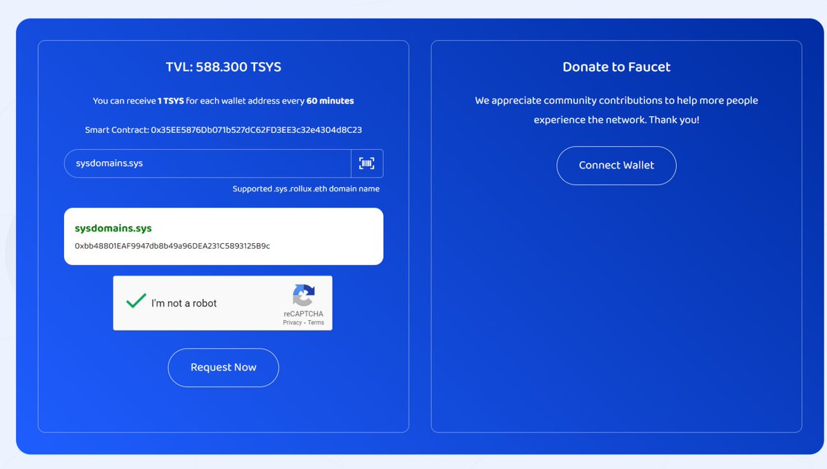 SNS.sys ๐ค SNS.rollux (@syscoindomains) on Twitter photo ๐ Exciting update! #sysdomains is now seamlessly integrated with <a href="/chains_tools/">Chains.tools ๐ ๏ธ All-in-one crypto toolbox</a>' Web3 Faucet Tool! ๐ซ
๐ฅ No more hassle with lengthy '0x' addresses! Just enter .sys or .rollux and enjoy seamless transactions!
<a href="/syscoin/">Syscoin</a> <a href="/RolluxL2/">ROLLUX</a> #Rollux #SYS ๐ Exciting update! #sysdomains is now seamlessly integrated with <a href="/chains_tools/">Chains.tools ๐ ๏ธ All-in-one crypto toolbox</a>' Web3 Faucet Tool! ๐ซ
๐ฅ No more hassle with lengthy '0x' addresses! Just enter .sys or .rollux and enjoy seamless transactions!
<a href="/syscoin/">Syscoin</a> <a href="/RolluxL2/">ROLLUX</a> #Rollux #SYS