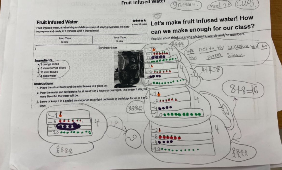 completemath's tweet image. Got fruit infused water? 🍓 🍊 Lesson Study @Herndon_ES Nothing gives me more joy than to celebrate teachers &amp;amp; students doing mathematics! Ms Taylor was awesome in sustaining cognitive demand &amp;amp; 3rd graders were super persistent problem solvers!Scaling up a recipe to be healthy!
