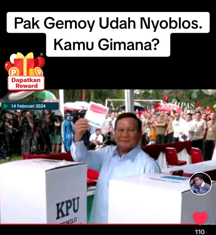 Pak Gemoy { #Prabowo2024 } sudah nyoblos, kawan. 

Me : Saya juga sudah. Kamu?

#BerduaKitaMenang
#PrabowoGibran02