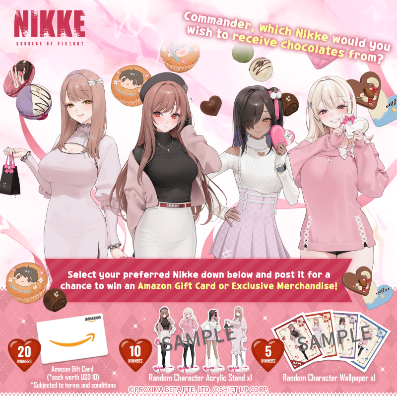 NIKKE_en's tweet photo. 【Valentine's Day Special Event】

Select your preferred Nikke to receive chocolates from and post it for a chance to win rewards!🍫

💝 Rewards
1. USD10 Amazon Gift Card x20
2. Random Character Acrylic Stand x10
3. Random Character Wallpaper x5

#NIKKEValentineChocolate
#Contest