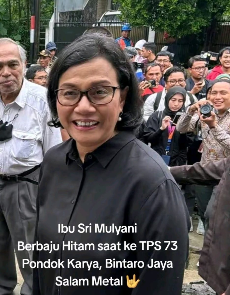 Bu Sri Mulyani pakai kemeja HITAM saat nyoblos hari ini

Pilihan akal sehat, pilihan karena NURANI bukan karena INTIMIDASI

Salam Metal MENANG TOTAL 🤟