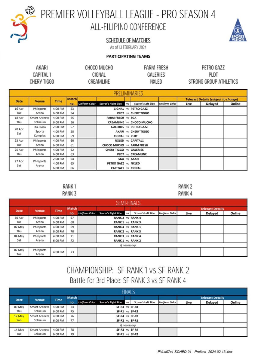 ABSCBNNews's tweet photo. Who's up for some pro volleyball action? 🏐

LOOK: PVL releases the schedule of matches of the upcoming All-Filipino Conference. #PVL2024 | via @kennedyzcaacbay https://t.co/hug1fRuvIP