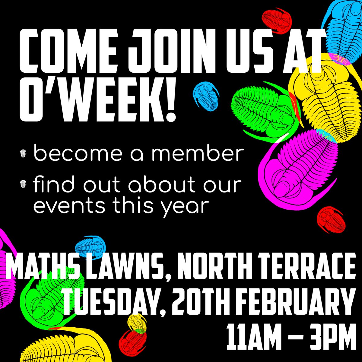 ATTENTION ALL UOA STUDENTS! The University of Adelaide Palaeos will be at O'Week on Tuesday the 20th of Feb. Come register or renew your yearly club membership ($5.00) for exclusive membership perks! FREE dinosaur stickers to all who come to say hi! 🦕🦖🐚🐀🌿🦴🏔