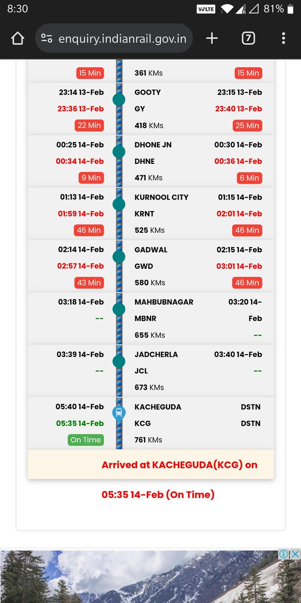 sau_dard's tweet photo. Lately NTES showing incorrect details.
It is not showing details of the last 2 stations and then finally onTime at the destination.
Today's train 12786 reach Kachiguda after 6:30AM but on NTES it is on time.
@AshwiniVaishnaw @RailMinIndia https://t.co/KwdF436qEW