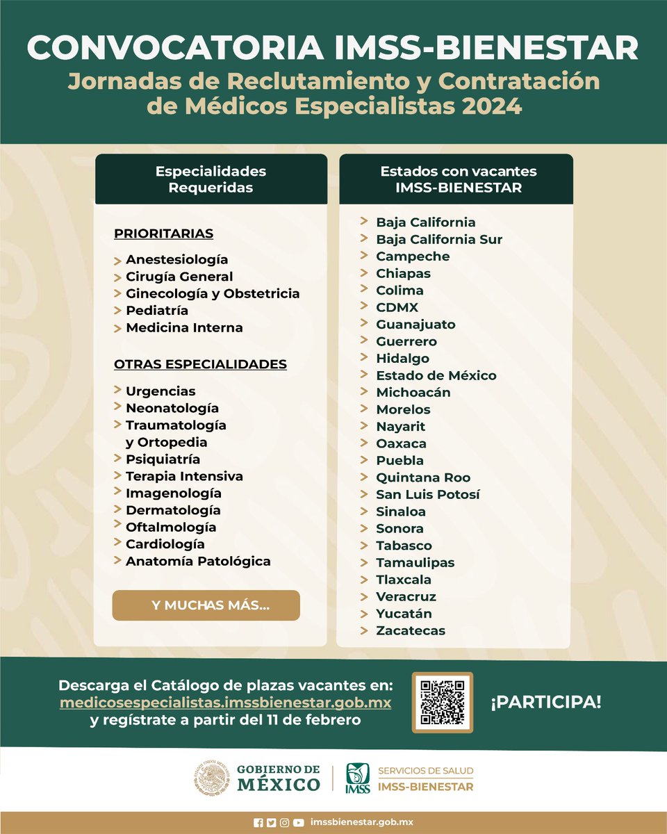 Participa en las Jornadas de Reclutamiento y Contratación de Médicos Especialistas 2024 de IMSS-BIENESTAR.

…cosespecialistas.imssbienestar.gob.mx