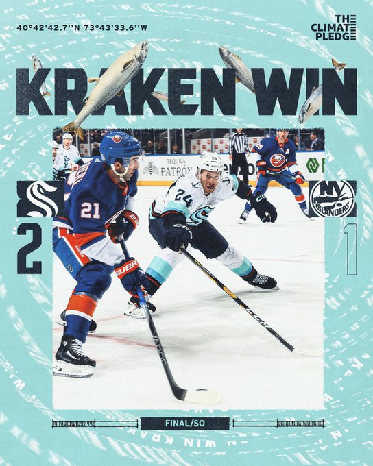 final win graphic featuring image of oleksiak battling for puck kraken win 2-1 in a shootout 