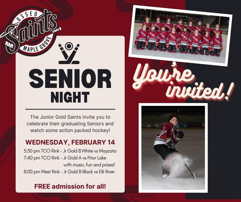 Come on out tomorrow ❤️night❤️ and celebrate ❤️Valentine’s Day❤️with our Jr. Gold Seniors❤️❤️🏒🏒