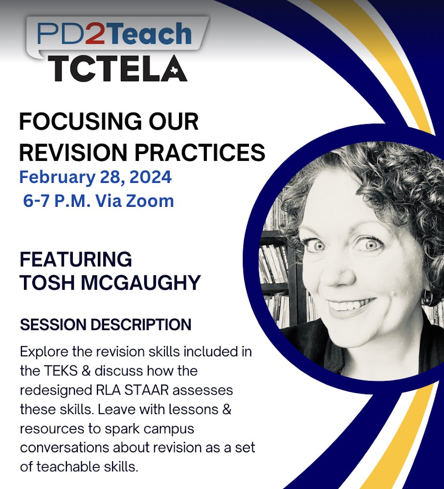 Explore revision skills included in the TEKS & discuss how the redesigned RLA STAAR assesses these skills with @ToshMcGaughy. Leave with resources to spark campus conversations about revision as a set of teachable skills from this FREE PD2Teach session. tctela.configio.com/pd/145/focusin…