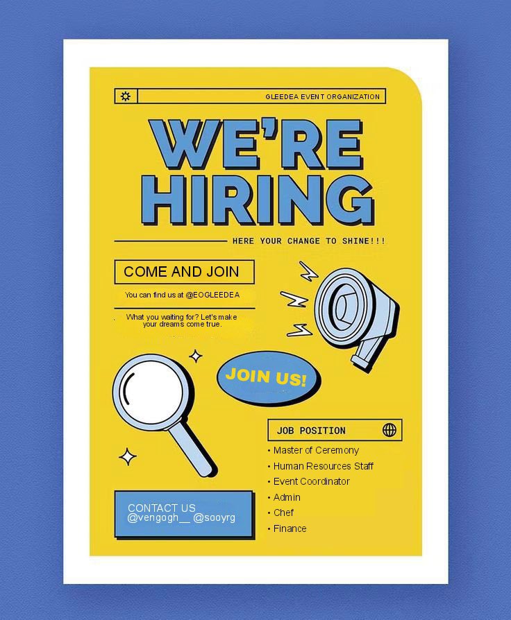 ️️
️️
📢 ; 𝗚𝗟𝗘𝗘𝗗𝗘𝗔 𝗘𝗢 𝗢𝗽𝗲𝗻 𝗛𝗶𝗿𝗶𝗻𝗴!!

Bagi kamu kawula muda yang lagi cari kesibukan dan berminat untuk kerja di EO, simak thread berikut!
️️️️
️️