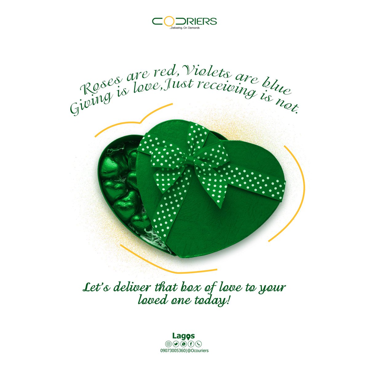 OCouriers1's tweet photo. ▪︎Love is intentional 
▪︎Love is Trust 
▪︎Love does not lie nor envy 
▪︎Love is putting one above all your own needs.
Happy Valentine's from everyone of us O'CouriersAndLogistics #SeasonOfLove🍫#Gifting🍪 https://t.co/T8SnhD6rQc