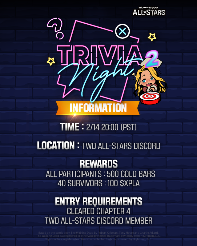 TWDAllStars's tweet photo. Hello, survivors.
  
Trivia Night 2 Event will be live tomorrow!!!
 
Get yourself ready by visitng our Discord server!😎        
🔗 https://t.co/KMDlz0aj15 
        
Don't forget to have the game opened up!
  
See you soon!

#TWD #Trivia #Night #Quiz #Event #ComingSoon https://t.co/gbOIdRVPXi