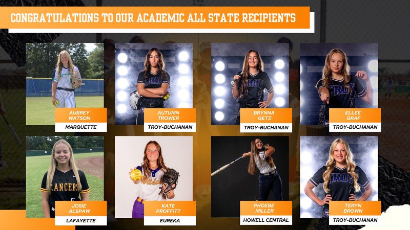 Academic All State (x8)!!!  It’s HARD to balance school and athletics but these girls find a way!  VERY PROUD of you all 😊 

@AubreyWatson_25 @AutumnRT05 @BrynnaGetz_51 @ElleeGraf23 @JosieAlspaw @kate7_kp @PMiller1108 @TerynBrown06