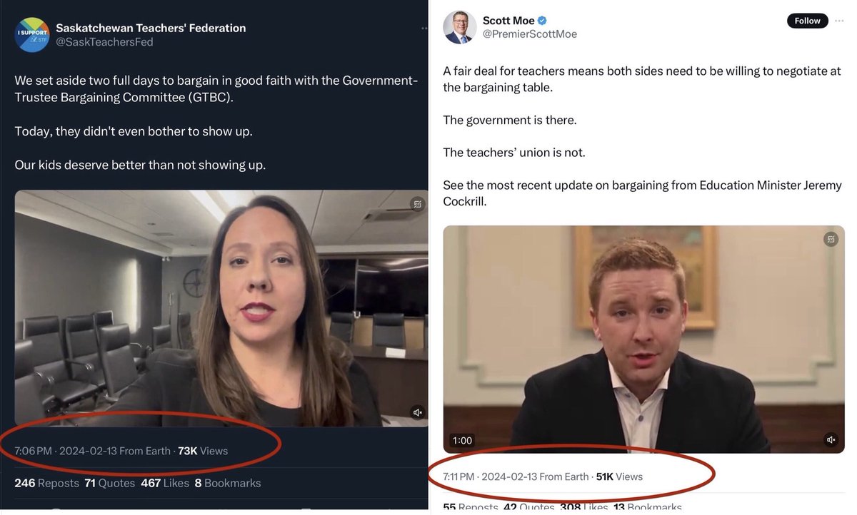 I’m posting these conflicting tweets, with time stamps highlighted. The STF President is at the actual bargaining table in Saskatoon waiting for the Govt to return. The Minister is in his office in Regina lying through his teeth and the Premier is also tweeting a lie.