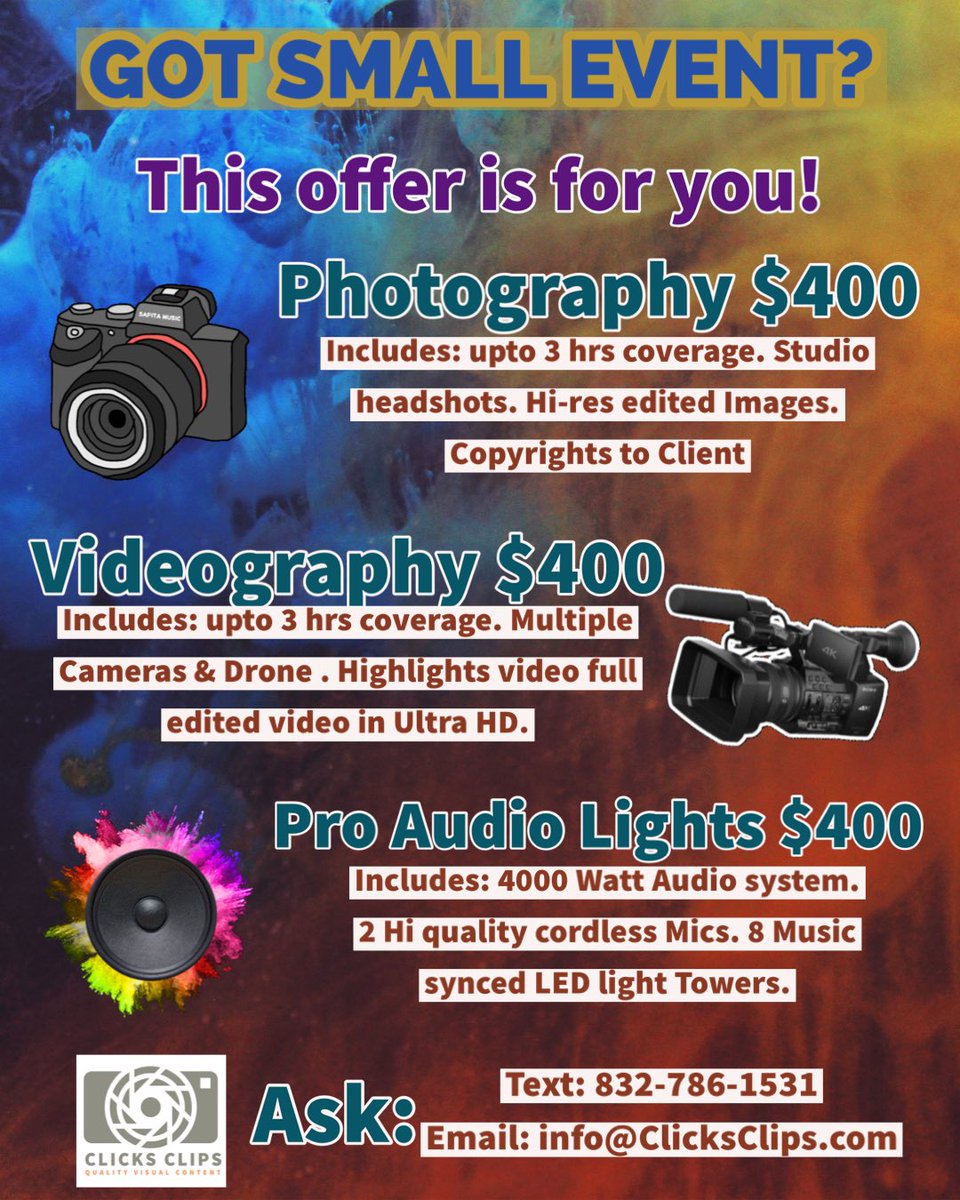 ClicksClipsStdo's tweet photo. Attn: Houston! Incredible deal for small events. https://t.co/HP186XI8Kx