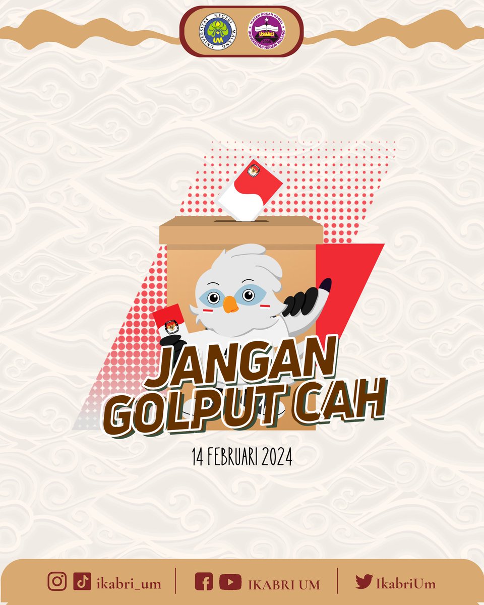 IkabriUm's tweet photo. [PEMILU 2024]

Satu langkah kecil untuk kita, satu lompatan besar untuk demokrasi. Ayo jangan lewatkan kesempatan berharga ini untuk nyoblos dalam Pemilu 2024 !! https://t.co/9Z39sPdx9y