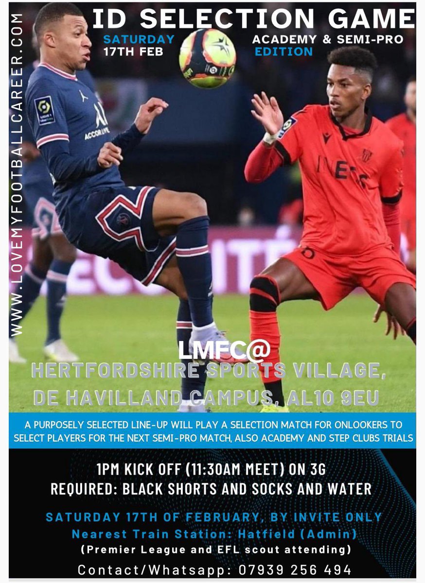 Well Done to the recent signings &amp; trialist! HERE is Another CHANCE to shine &amp; get scouted on SAT 17th of FEB <a href="/Hertfordshire/">Hertfordshire Jobs</a> Sports Village AL10 9EU, GET SEEN by premier league &amp; EFL scout (confirmed), selected for next semi-pro games, &amp; Sent to trial @the step 3/4/5 clubs there