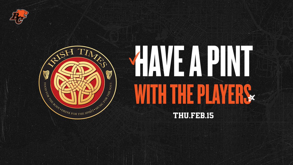 Where are all our Victoria, BC peeps at? ⛴️ Thursday night, we'll be having a pint at the Irish Times Pub! 🍻☘️ Come on down & hang out with some of the players! 🏈 #BCLions #LionsInTheCommunity