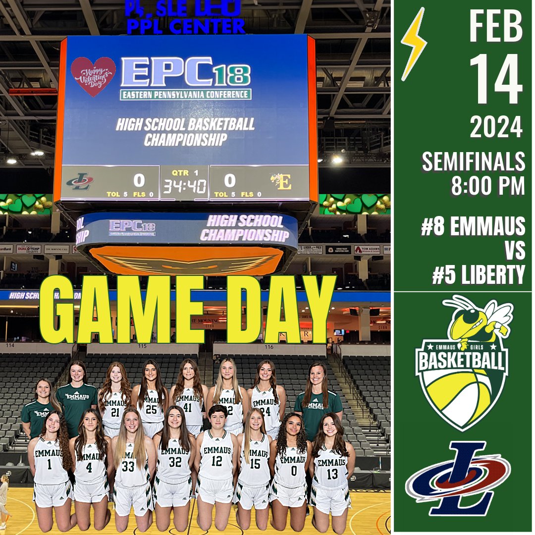 2/14/2024 (14-9) Emmaus take on (13-10) @LadyCanesGBB in the EPC Semis at the PPL Center!  Let's go!!! 
🎟️Tix tinyurl.com/2s368a7d (Good for the 6:00 Parkland vs Easton girls game and our 8:00 game) 
🅿️Parking Info pplcenter.com/arena-info/dir…… 
📻@EastPASportsnet…