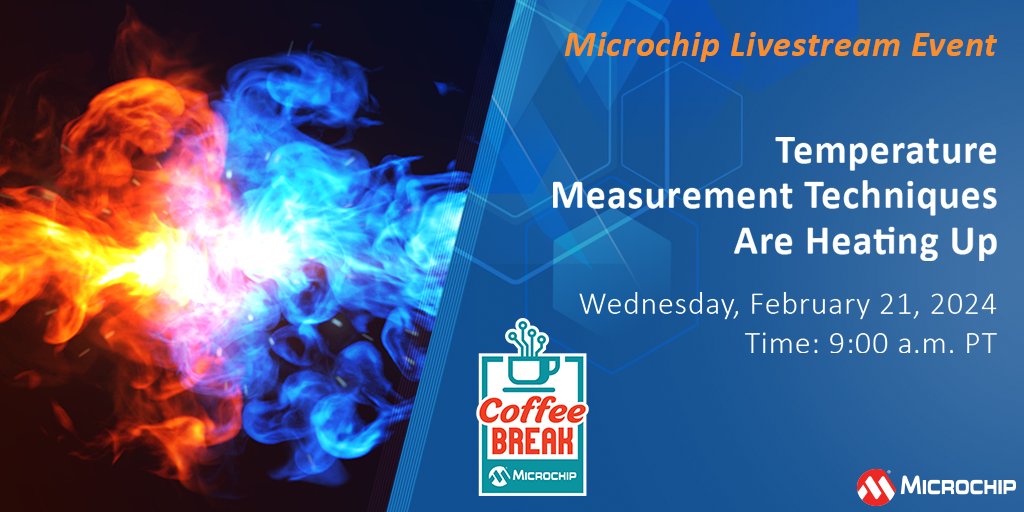 MicrochipTech's tweet image. Get an understanding of different measurement techniques. Join us for Coffee Break on Wednesday, February 21, 2024 at 9:00 a.m. PT: mchp.us/3Ur8EdR. #Temperature #Measurement #TemperatureSensors #Automotive #Industrial #Energy