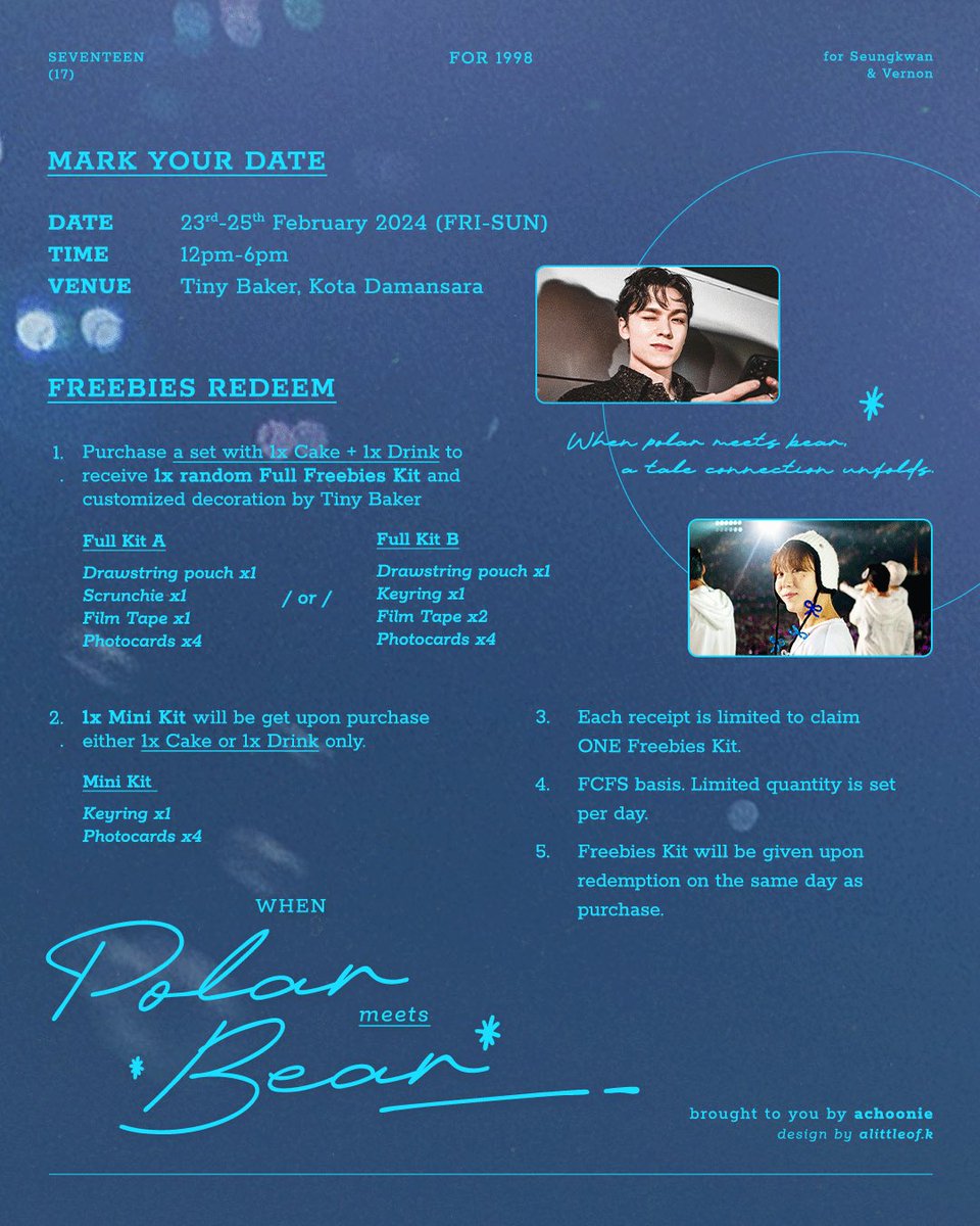 ₊˚｡⋆ 𝑾𝒉𝒆𝒏 𝑷𝒐𝒍𝒂𝒓 𝑴𝒆𝒆𝒕𝒔 𝑩𝒆𝒂𝒓 ❆⋆｡˚₊
—— Freebies Notice

Drawstring pouch, Scrunchie, Keychain &amp; more freebies have been prepared! Freebies Preview &amp; Donation Kit details will be posted next week. 

𝚂𝚝𝚊𝚢 𝚃𝚞𝚗𝚎𝚍 🐻🐻‍❄️

#WhenPolarMeetsBear #승관 #버논
