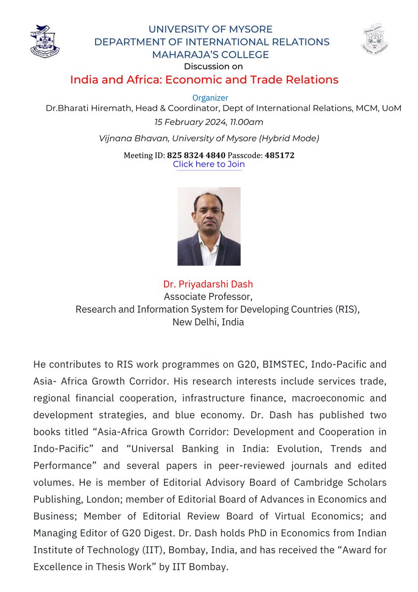 Pleased to invite you all to the discussion on 'India and Africa: Economic and Trade Relations' by Dr.Priyadarshi Dash sir on 15th February at 11am. @RIS_NewDelhi @pdash76 @DrBharatiHirem2 @uom_online @uom_icd