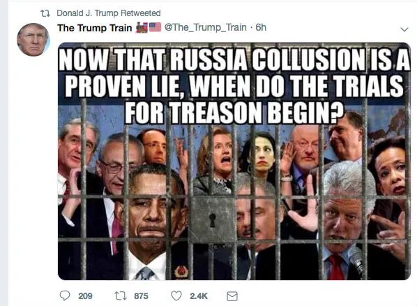 Trump retweeted this meme on November 28th, 2018.

The media claimed Trump was a fascist dictator looking to weaponize the government to go after political opponents.

It turns out Trump was right, and it was Biden/Obama who weaponized the government to go after Trump.

TREASON!