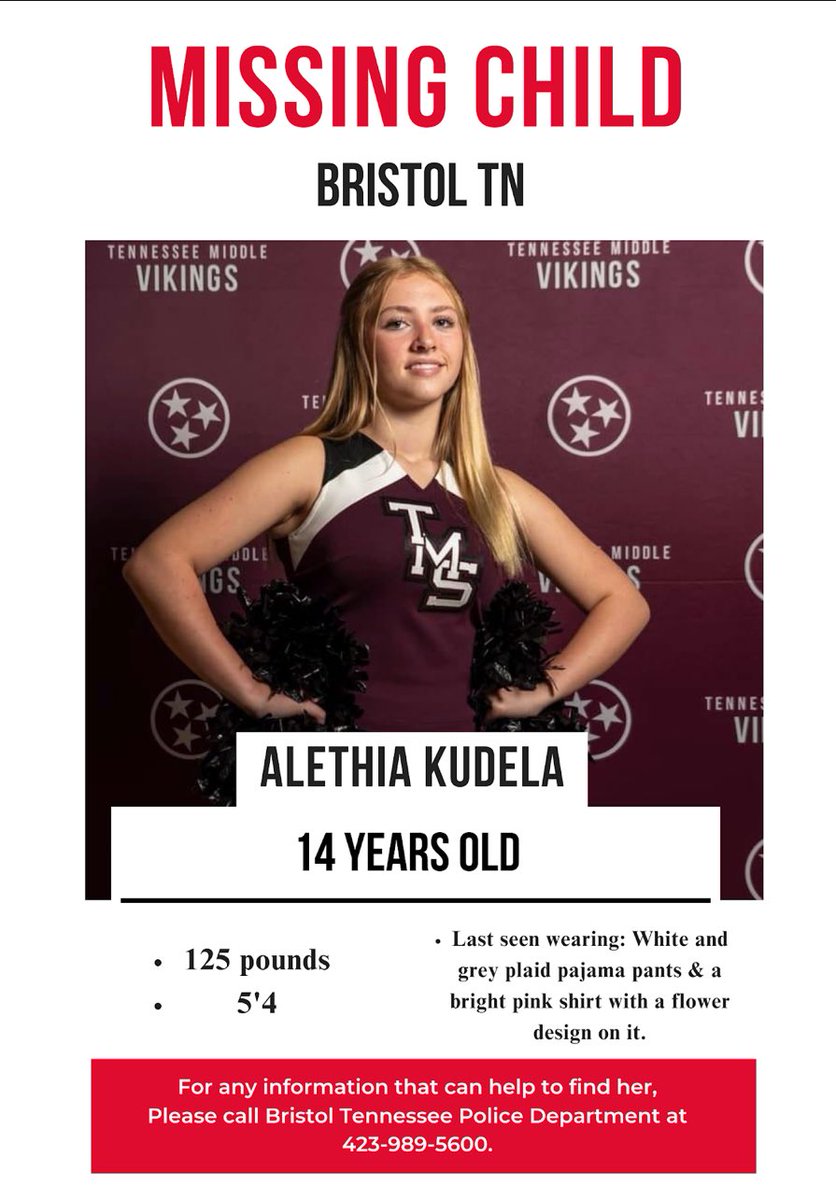 🚨 MISSING 🚨

Alethia Kudela, 14 yrs old 
is missing, SEE INFORMATION BELOW‼️

PLEASE SHARE‼️
#MissingPerson #Missing #Tennessee #MissingChildAlert #BringThemHome