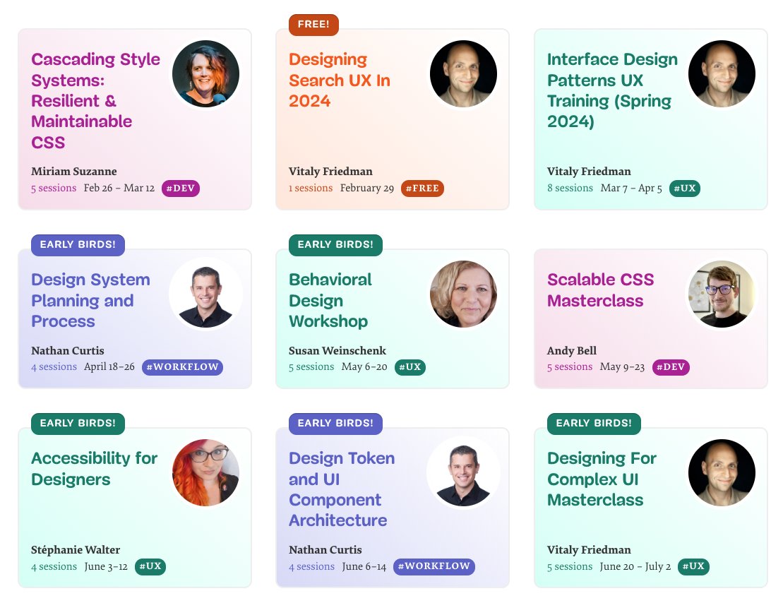 smashingconf's tweet image. 📣 Did you know we are still offering many wonderful online workshops? These range from CSS to Design Systems to Accessibility. Each workshop has four or five two-hour sessions, and you can join in from everywhere! 

Take a look at our lineup: 
smashingconf.com/online-worksho…