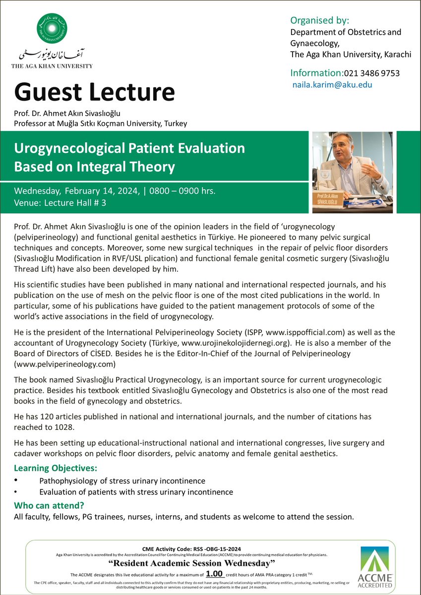 AKUObGyn's tweet photo. Today we had a guest lecture by Prof. Ahmet Silvaslioglu from Turkey on Urogynecological Patient Evaluation Based on Integral Theory @AKUGlobal as part of 3 days Hands on Urogynecology Course from Feb 15-17, 2024 at AKU, Karachi. https://t.co/MLOTtpVAIw