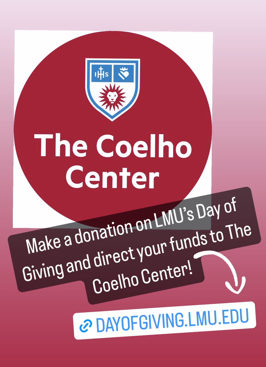 The Coelho Center (@thecoelhocenter) on Twitter photo Make a donation on <a href="/LoyolaMarymount/">Loyola Marymount University</a> #LMUDayOfGiving and direct your funds to The Coelho Center!
Thank you for your support!
dayofgiving.lmu.edu/organizations/… Make a donation on <a href="/LoyolaMarymount/">Loyola Marymount University</a> #LMUDayOfGiving and direct your funds to The Coelho Center!
Thank you for your support!
dayofgiving.lmu.edu/organizations/…