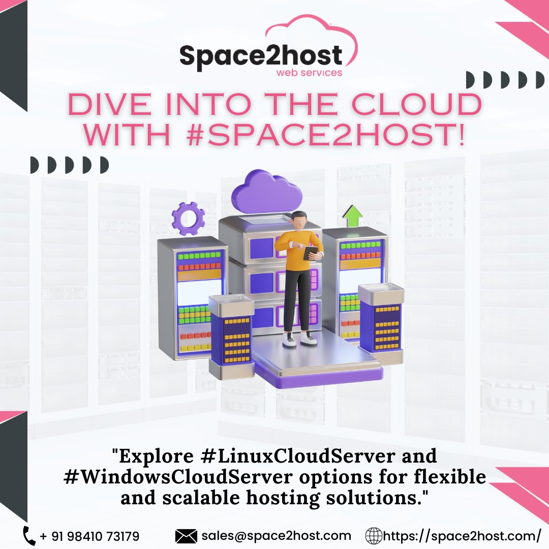 DSpace2host's tweet image. Find The Recommended Cloud With #Space2Host!
Explore the versatility of #LinuxCloudServer and #WindowsCloudServer options, providing flexibility and scalability for your hosting needs.
Call us: +91 98410 73179
Email Id: sales@space2host.com