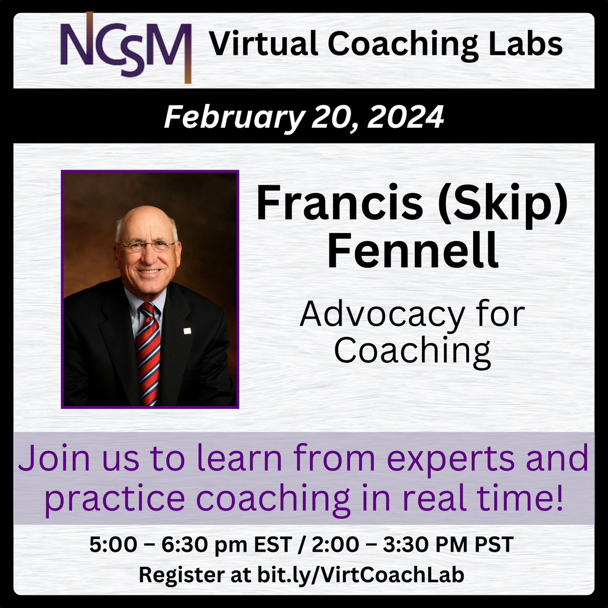 🤗 Happening 2/20! Don’t miss NCSM’s last Virtual Coaching Lab of the series with @SkipFennell! He will focus on advocacy for coaching. Enhance your coaching skills and practice in real time. Register today at bit.ly/VirtCoachLab   #NCSMBOLD