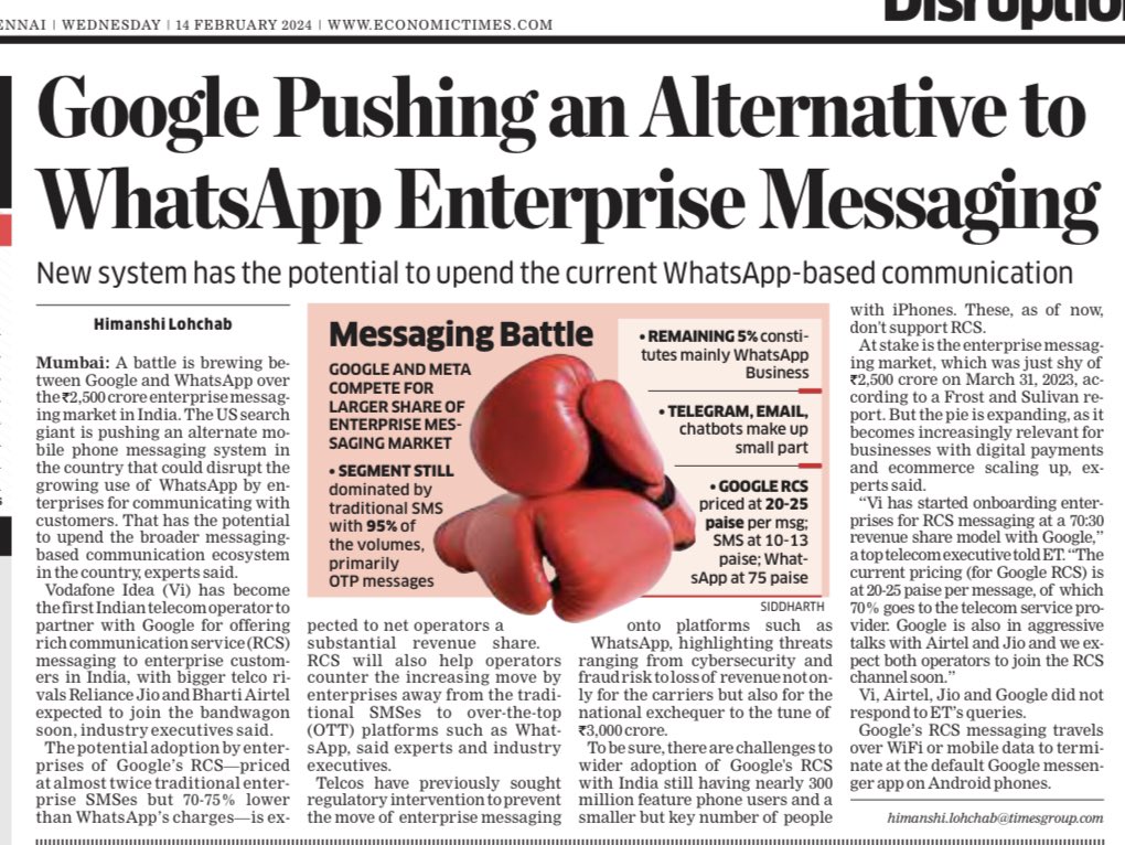 Google RCS versus WhatsApp Business messaging: who will be winner in enterprise marketing. Read today’s ET to know about factors such as pricing, features, policy and much more in the CPaaS segment. @ETTelecom @EconomicTimes