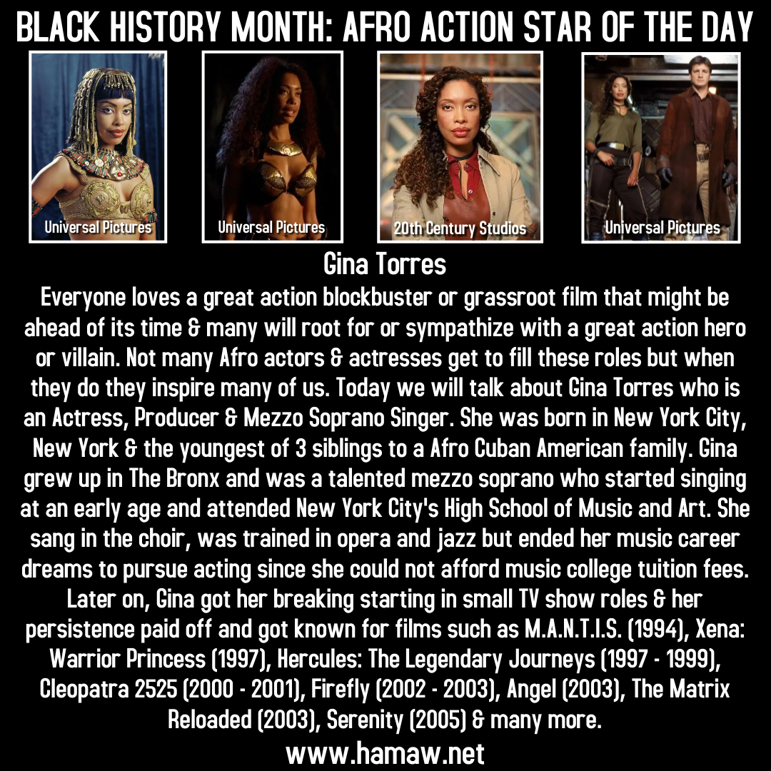 #afroactionstaroftheday #afroactionmoviestaroftheday #blackhistorymonth #blackhistory #GinaTorres #blackactresses #photooftheday #empowerment #africanmartialarts #martialarts #historicalafricanmartialartswellness #hamaw #sflhamaw #florida #southflorida #browardcounty #miami