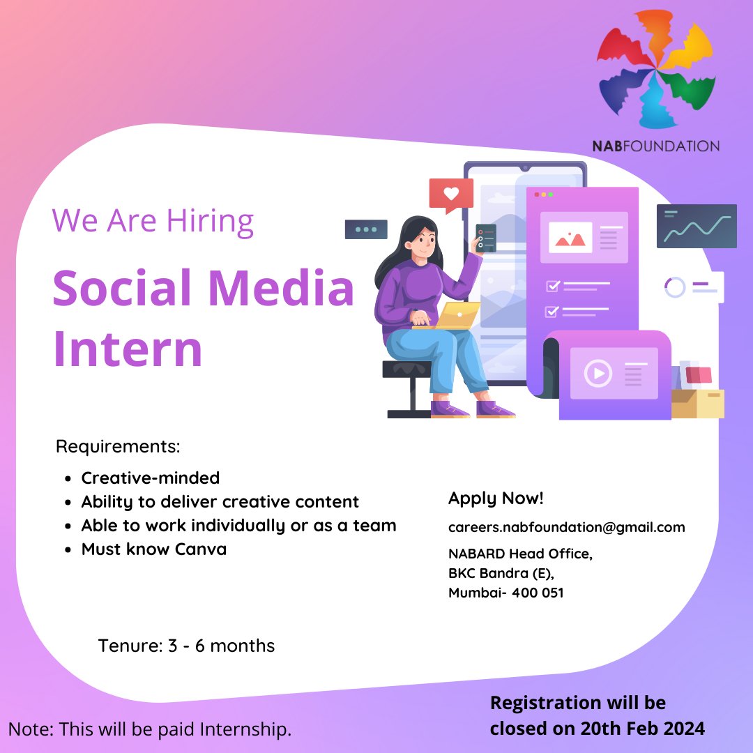 INTERNSHIP ALERT!!
Ready to learn, create, and connect in the world of digital storytelling. Let's make some magic happen!

#Nabard #NABFOUNDATION #Internship #jobhunt #InternshipOpportunity #jobseeker #socialmedia #humanresource