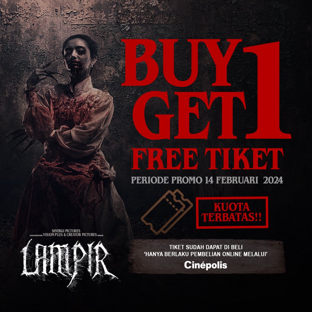 cinepolisID's tweet photo. Mari mampir ke sarang #Lampir dan sikat promo BUY 1 GET 1 TICKET-nya di Cinépolis Cinemas. 

Persediaan terbatas, buruan book tiketmu di website dan aplikasi Cinépolis Indonesia. 

#FilmLampir 
#CinepolisID https://t.co/NO4SdH81Hj