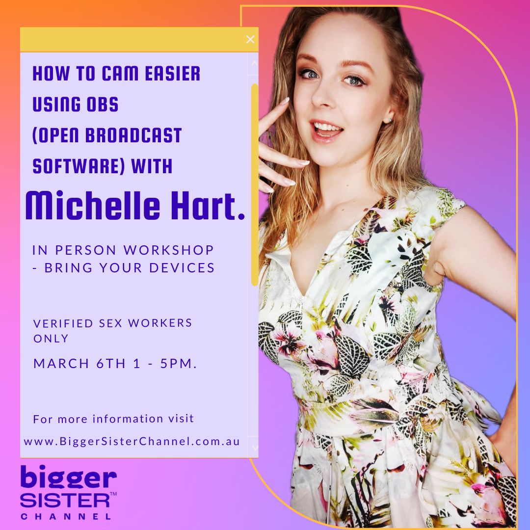 bigsischannel's tweet photo. Join Michelle Hart @aussiecosplay, an experienced online content creator and cammer to teach you the basics of OBS.

OBS is software for video recording and live streaming used on MFC, Twitch, and more. https://t.co/URvZf5gL5Y