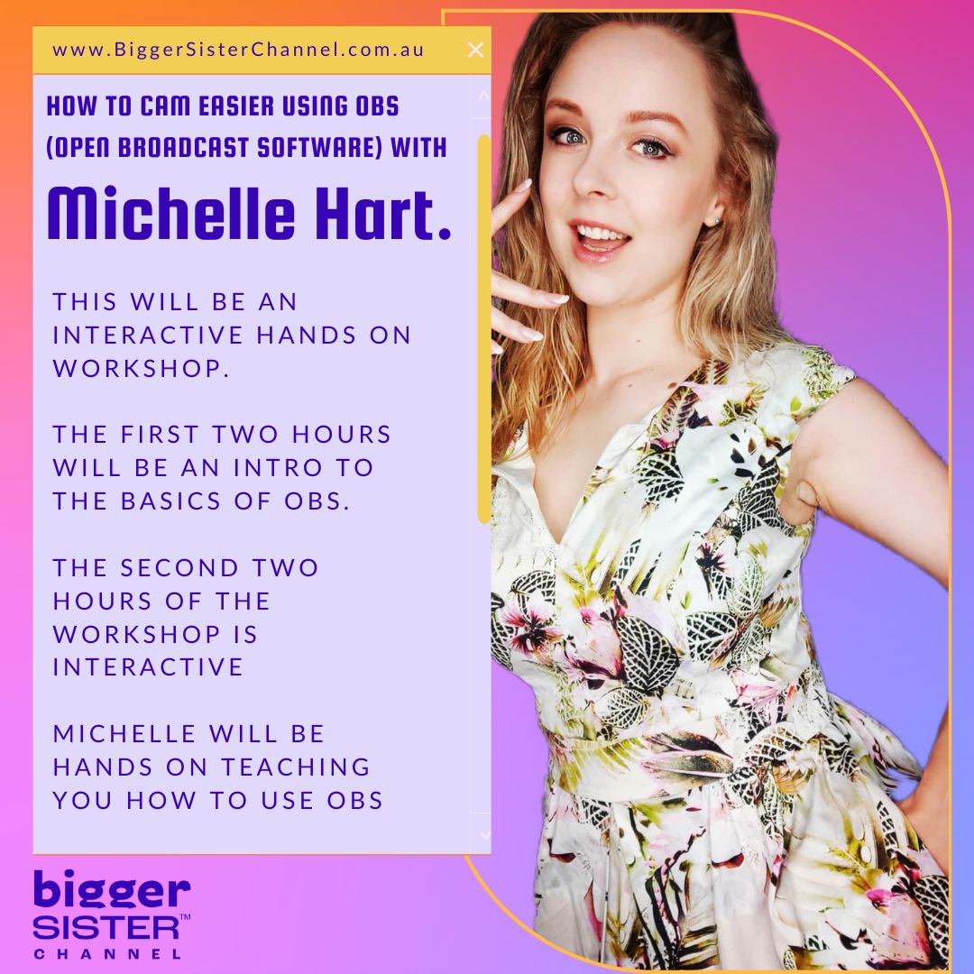 bigsischannel's tweet photo. Join Michelle Hart @aussiecosplay, an experienced online content creator and cammer to teach you the basics of OBS.

OBS is software for video recording and live streaming used on MFC, Twitch, and more. https://t.co/URvZf5gL5Y