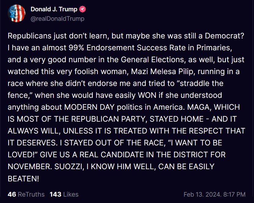 RpsAgainstTrump's tweet image. As expected, Trump blames everyone but himself for the election loss tonight. Trump claimed Mazi Pilip lost because “she didn&apos;t endorse me.” 

This is a lie. Pilip said she voted for Trump in 2020 and endorsed him for the 2024 election. #NY03