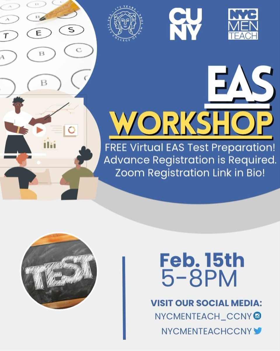 🗣 Free Virtual Educating All Students (EAS) Test Preparation! 🗓️ Thursday, February 15th, 5PM - 8PM. ➡️ Advance registration is required! 🔗 Zoom registration link in bio. #CUNY #CCNY #NYCPublicSchools #NYCMenTeach #education #educational #representationmatters