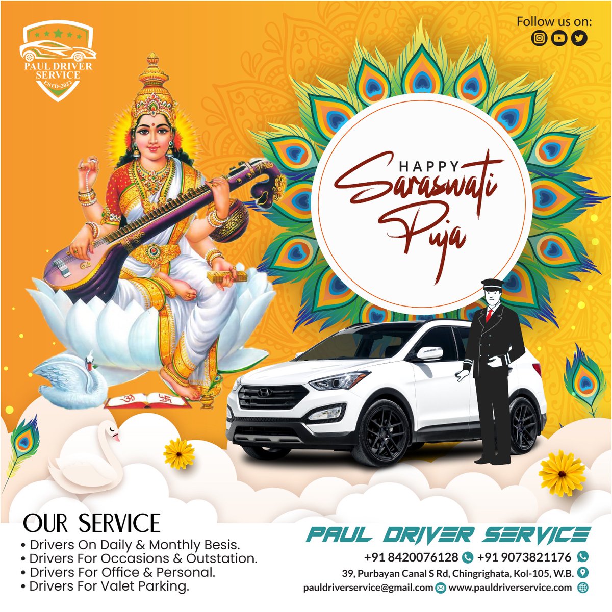 pauldrivergroup's tweet image. Praying Goddess 𝓢𝓪𝓻𝓪𝓼𝔀𝓪𝓽𝓲 to achieve knowledge properly,learn with more wisdom,and get rid of sloth, sluggishness, and unawareness.
𝑯𝒂𝒑𝒑𝒚 𝑺𝒂𝒓𝒂𝒔𝒘𝒂𝒕𝒊 𝑷𝒖𝒋𝒂 2024 📚
•
#SaraswatiPuja2024 #BookADriver #DailyBasisDriver #MonthlyBasisDriver #ValetParkingDriver